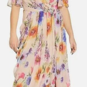 Adrianna Papell Plus Sized 14W / 2X Surplice V-Neck Floral Drape Chiffon Gown